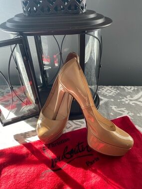 Christian Louboutin Nude Patent Platform Pumps with Hidden Platform with Dusty